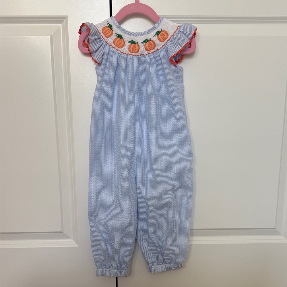 Lil Cactus Light Blue Seersucker Pumpkin Smocked Flutter-Sleeve Playsuit Romper